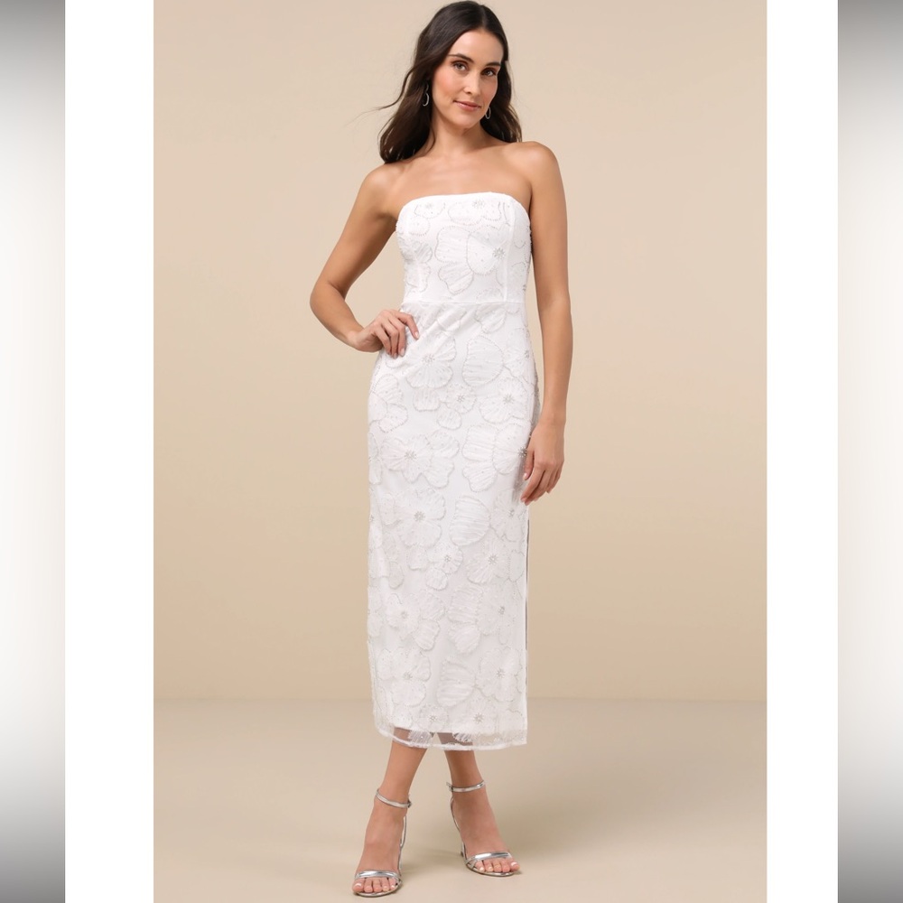 Lulu's White Strapless Lace Midi Dress